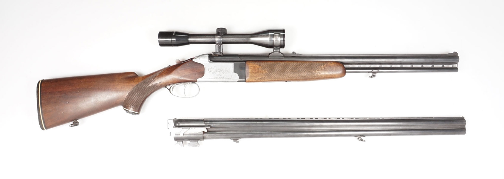 Bockbüchsflinte unbekannter Ungarischer Erzeuger, 7x65R, 12/70, #V1444, §C samt Bockflinten Wechsellauf 12/70, #V1444, §C